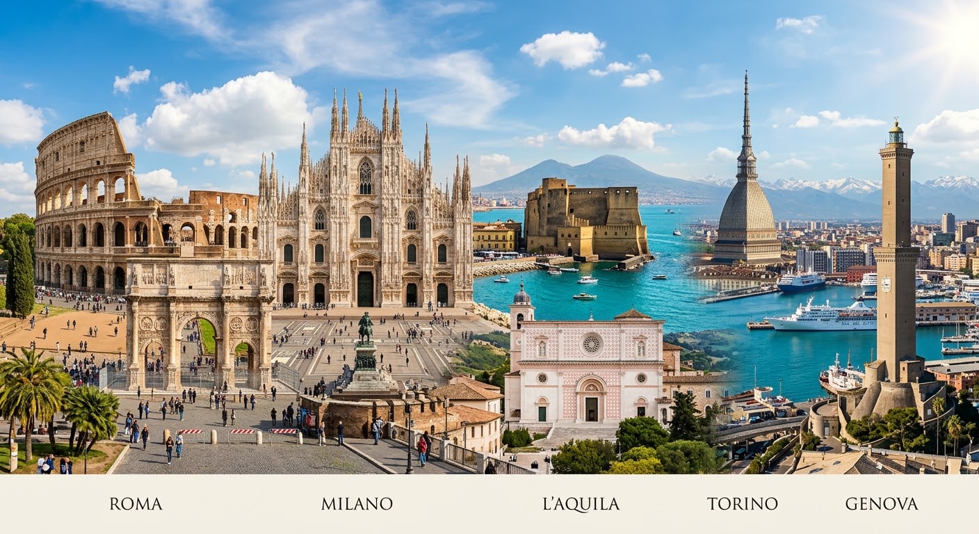 Landmarks representing Rome, Milan, L'Aquila, Turin and Genoa