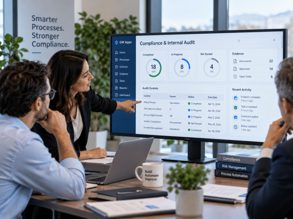 Compliance team reviewing an internal audit dashboard with control statuses, evidence tracking, approvals, and workflow progress | GW Apps | No Code Solutions